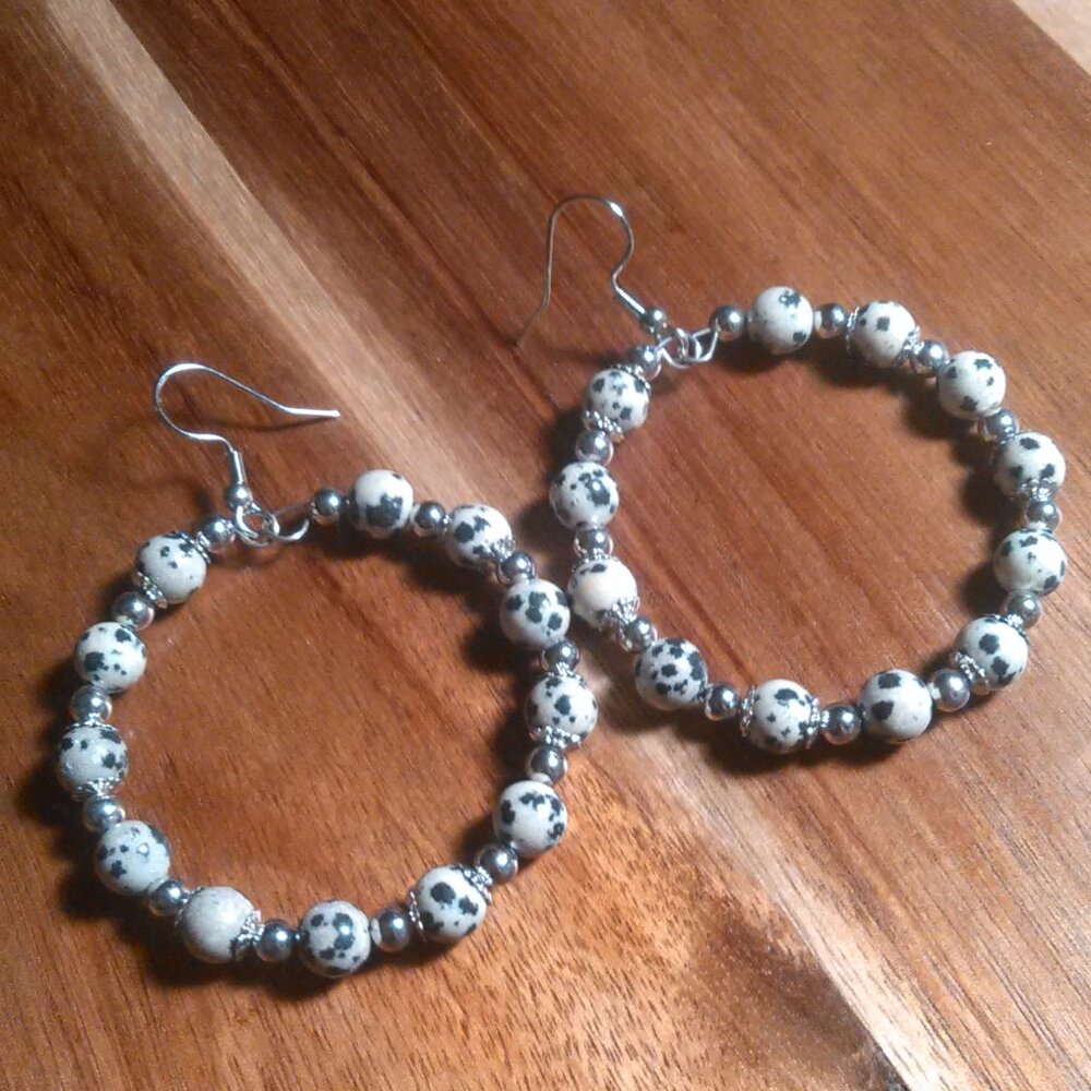 Dalmatian Jasper Silvertone and Stainless Steel Beaded Earrings